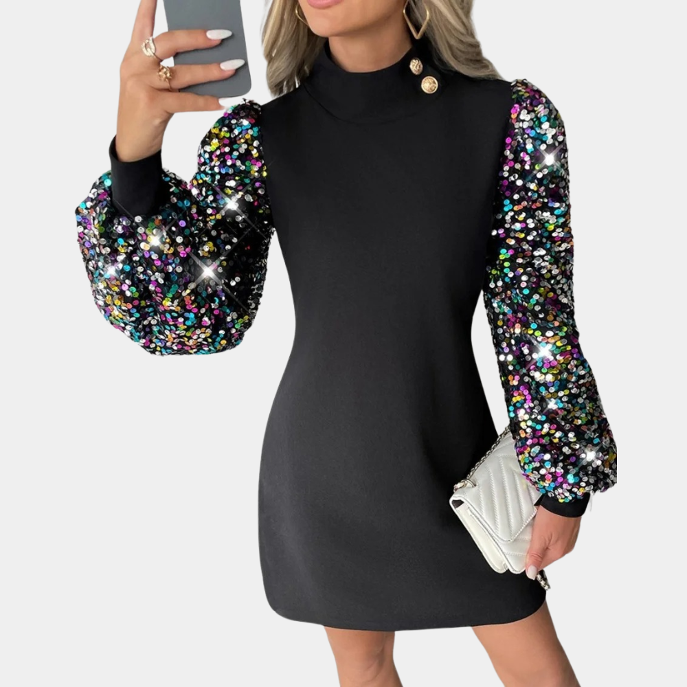 Krótka Sukienka z Cekinowymi Rękawami