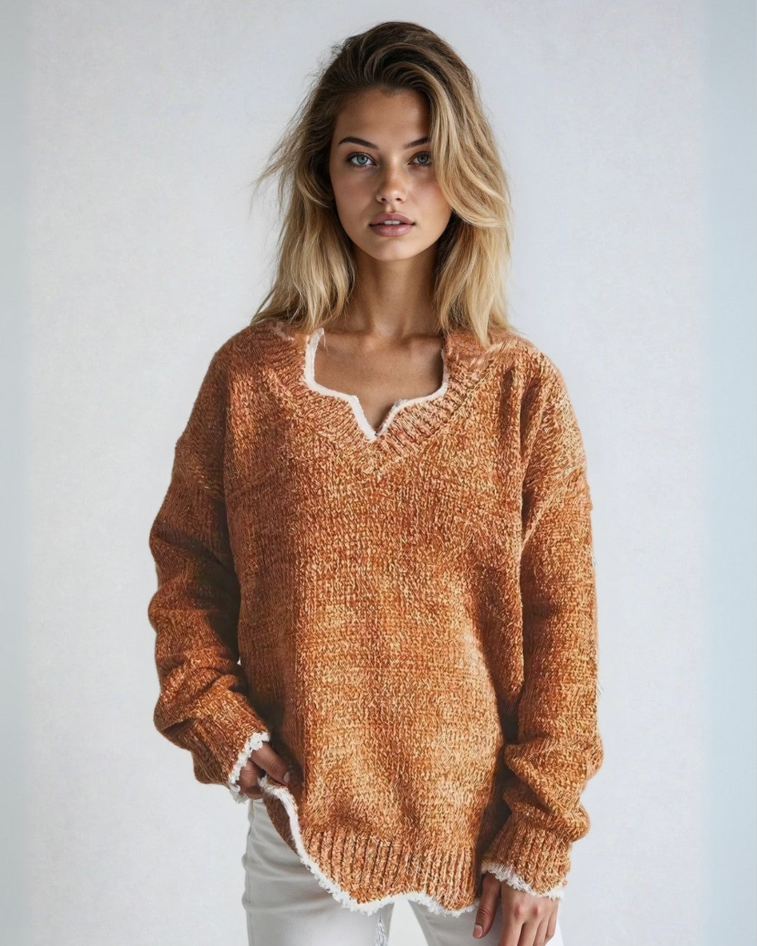 Luźny Sweter Damski z Dekoltem w Serek