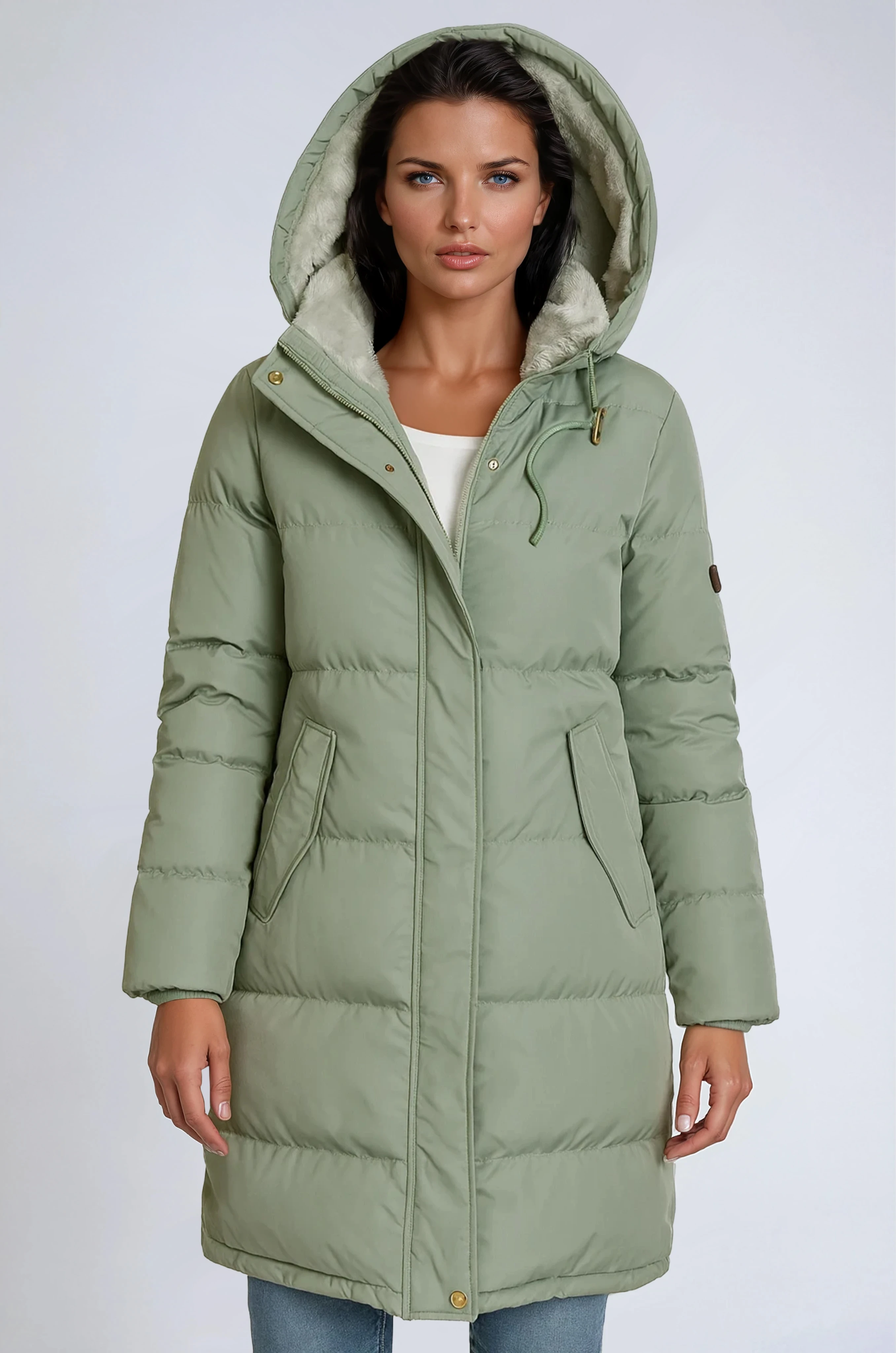 Damski Długi Płaszcz Puchowy z Kapturem – Ciepła Kurtka Zimowa