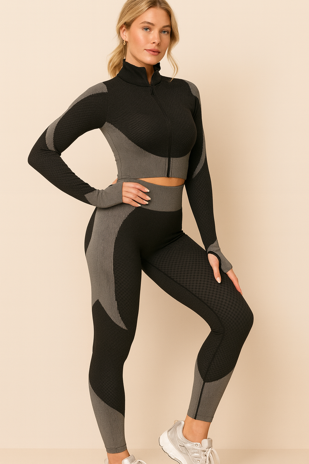 Sportowy Komplet Fitness Bluza i Legginsy z Wysokim Stanem