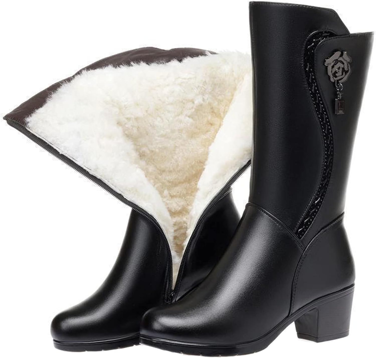 Ocieplane Botki Damskie na Obcasie z Wywijaną Cholewką