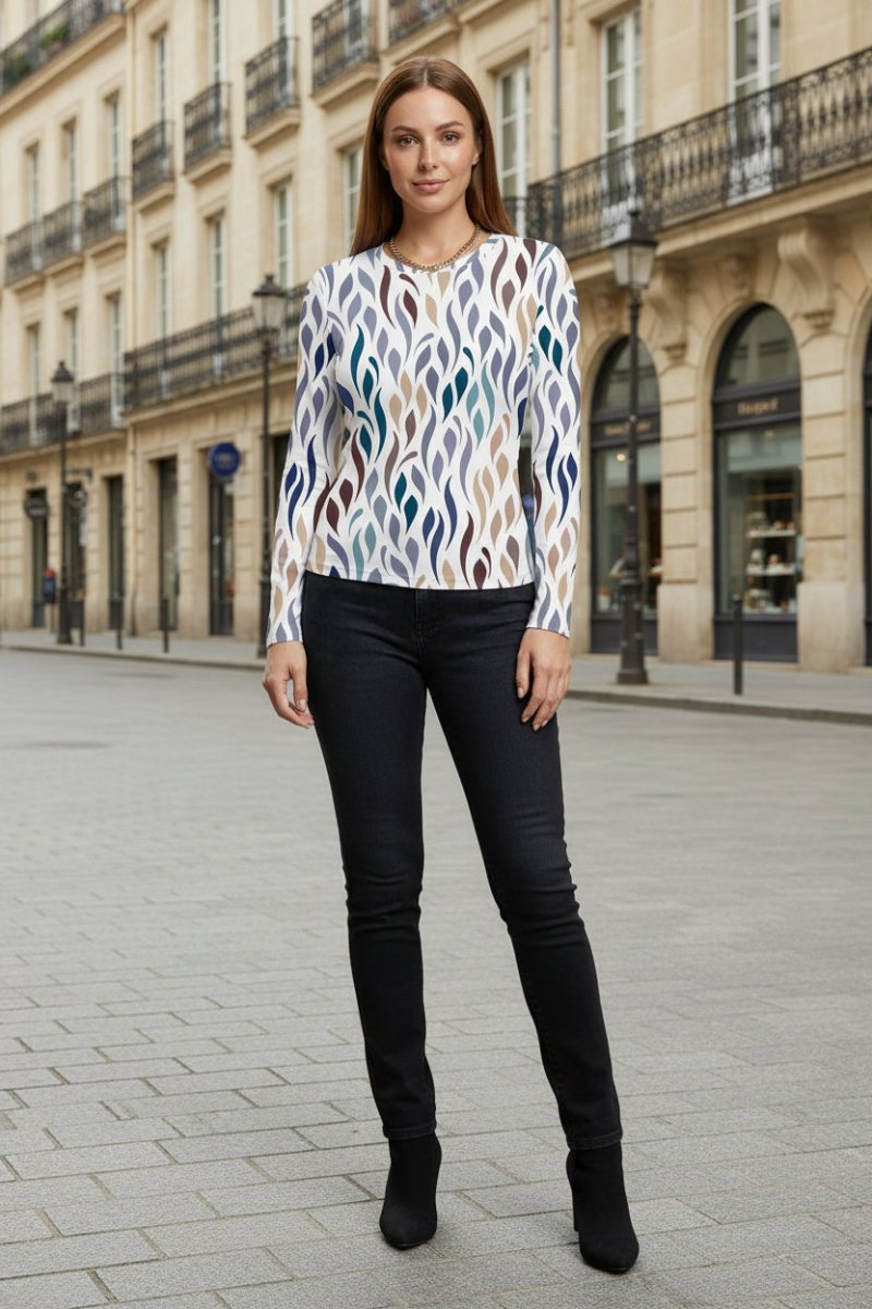 Elegancka bluzka we wzory z długim rękawem i luźnym krojem