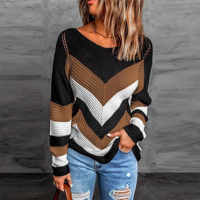 Sweter Damski z Geometrycznym Wzorem w Jodełkę