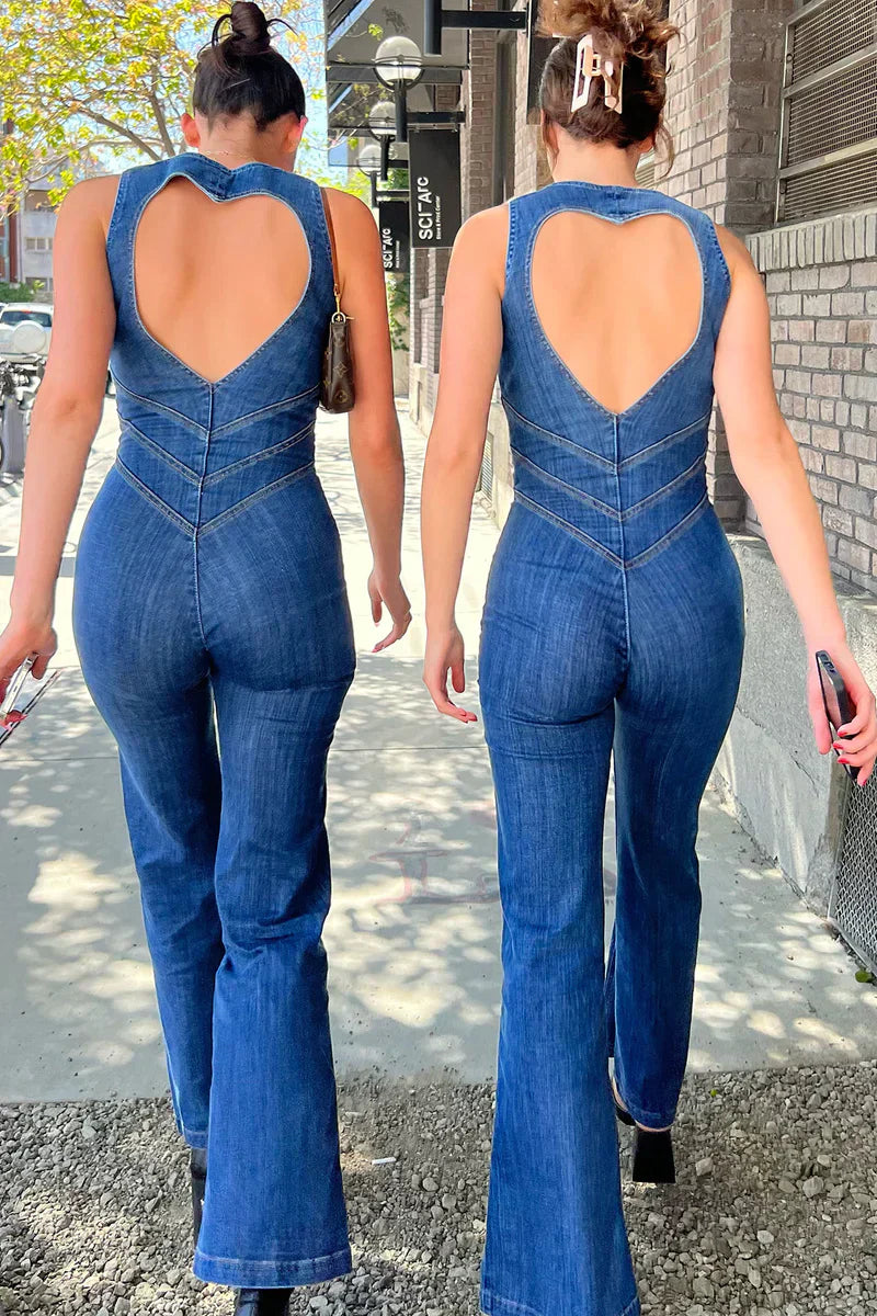 Damski Jeansowy Kombinezon z Odkrytymi Plecami – Stylowy Kombinezon Denim