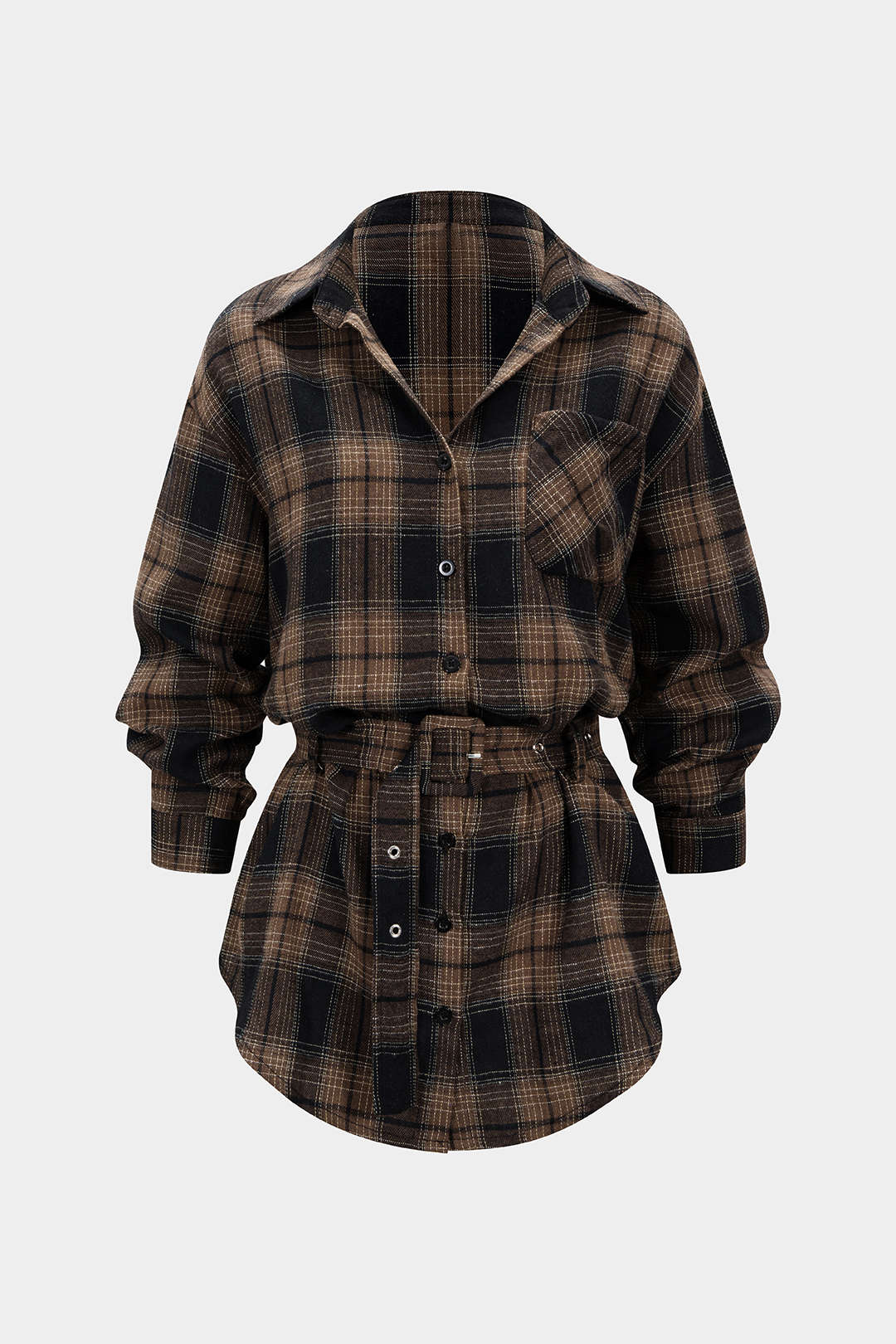 Długa koszula w kratę z paskiem casualowa i stylowa