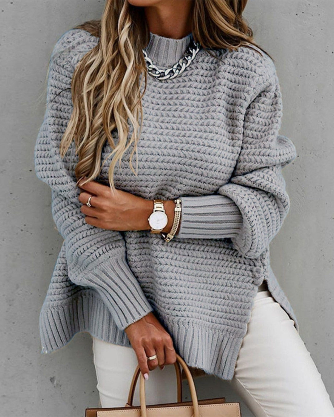 Oversize Sweter z Prążkowanej Dzianiny