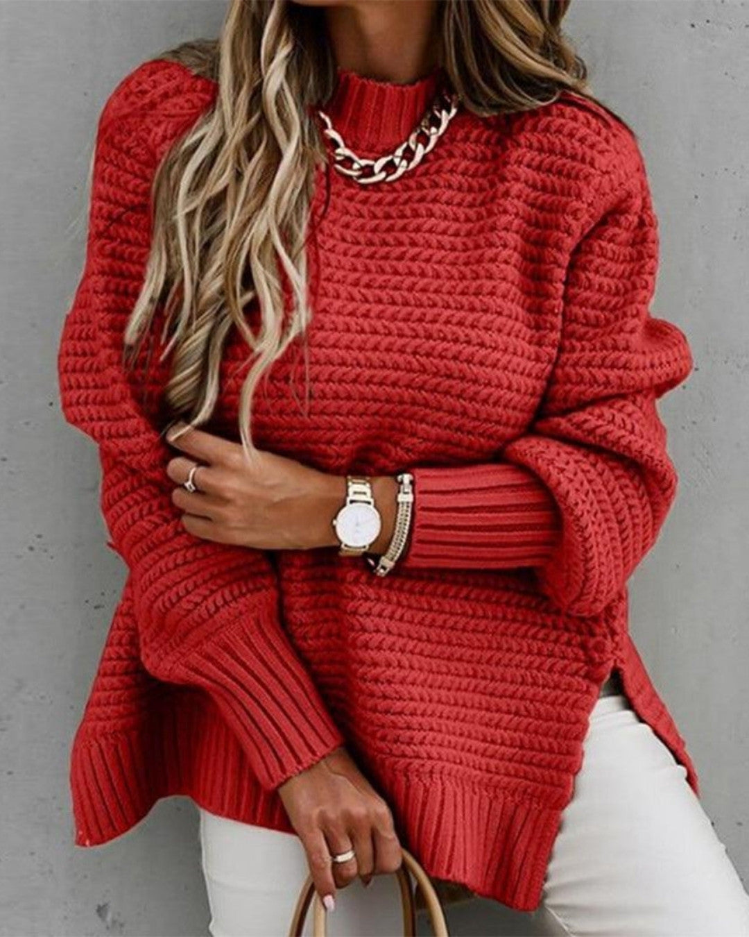 Oversize Sweter z Prążkowanej Dzianiny