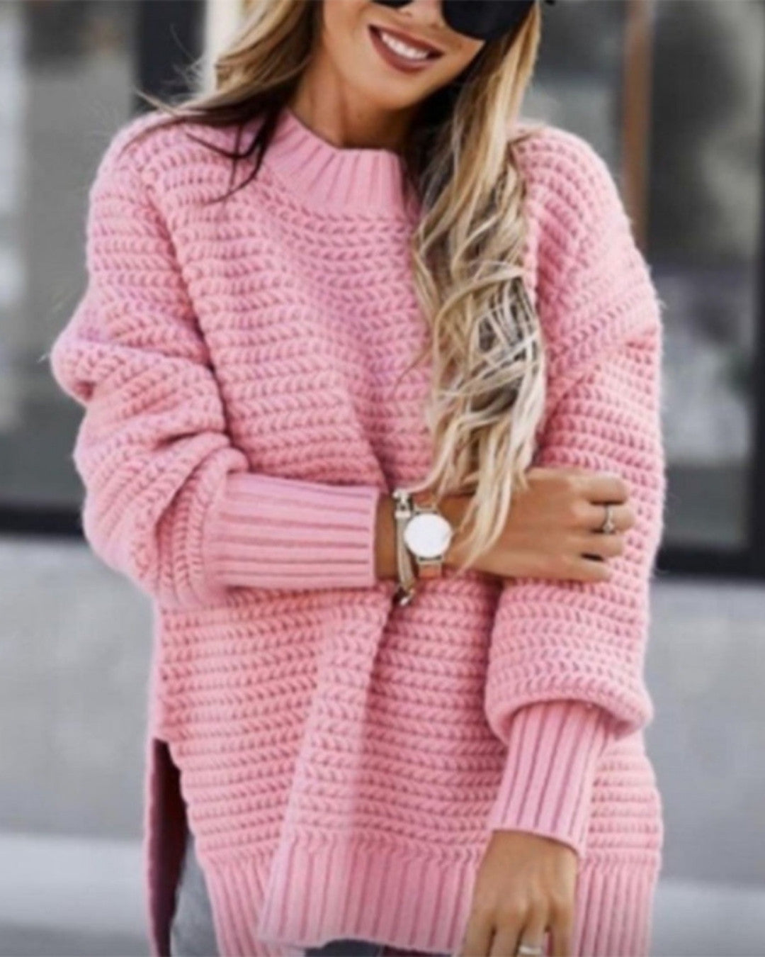 Oversize Sweter z Prążkowanej Dzianiny