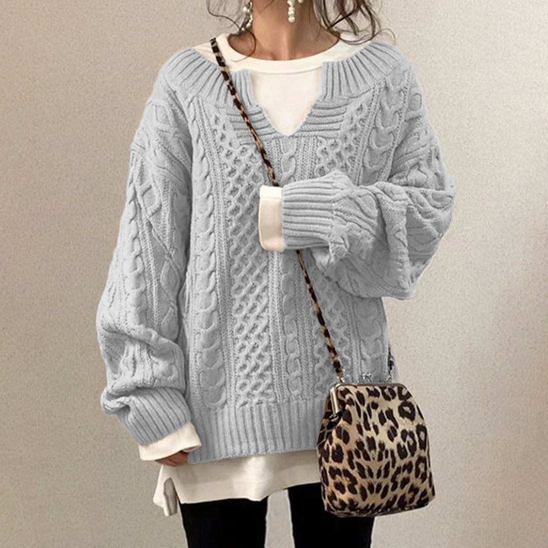 Luźny Sweter Oversize z Dekoltem V – Styl Casual