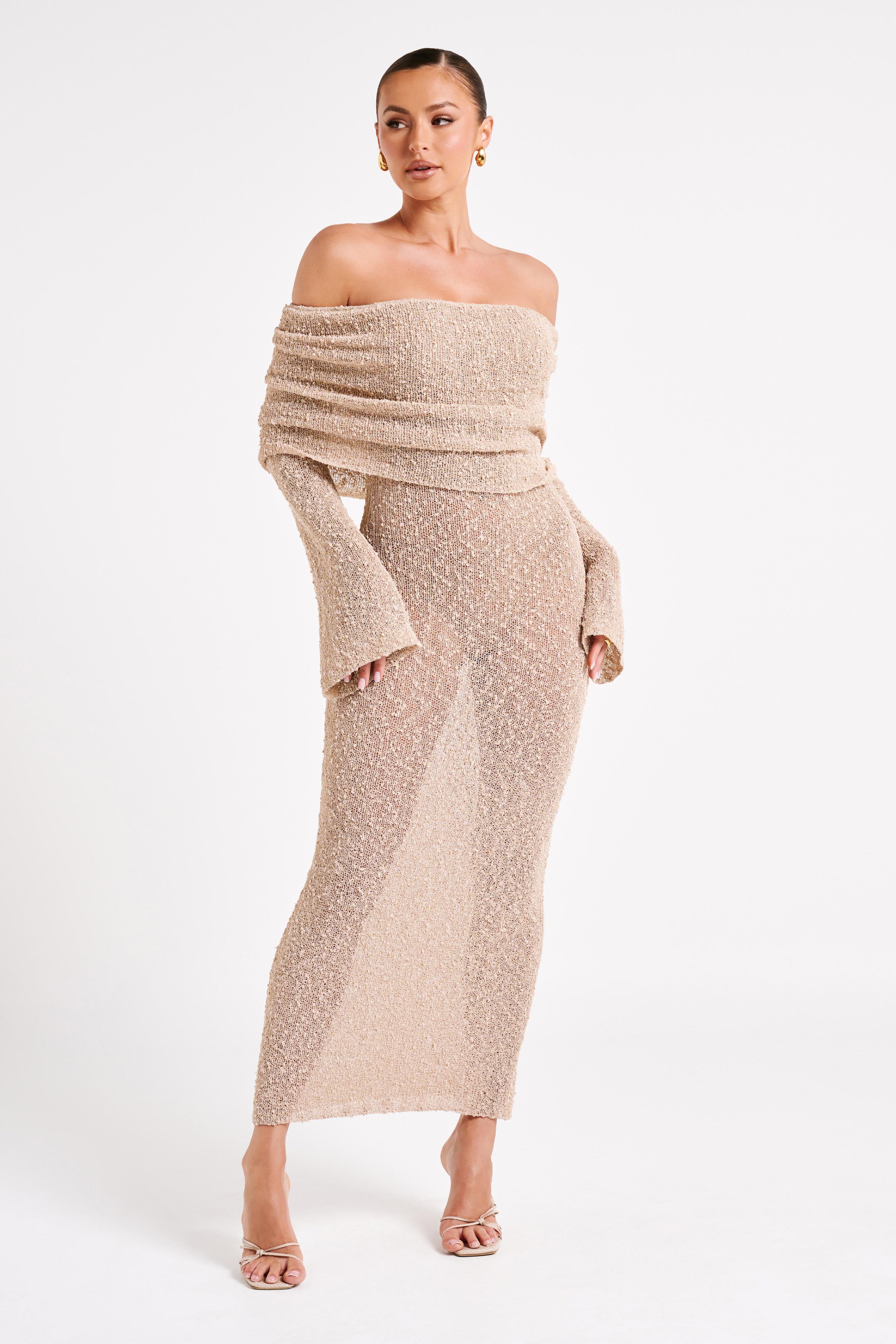 Klaudia | Sukienka maxi bouclé z dekoltem off-shoulder