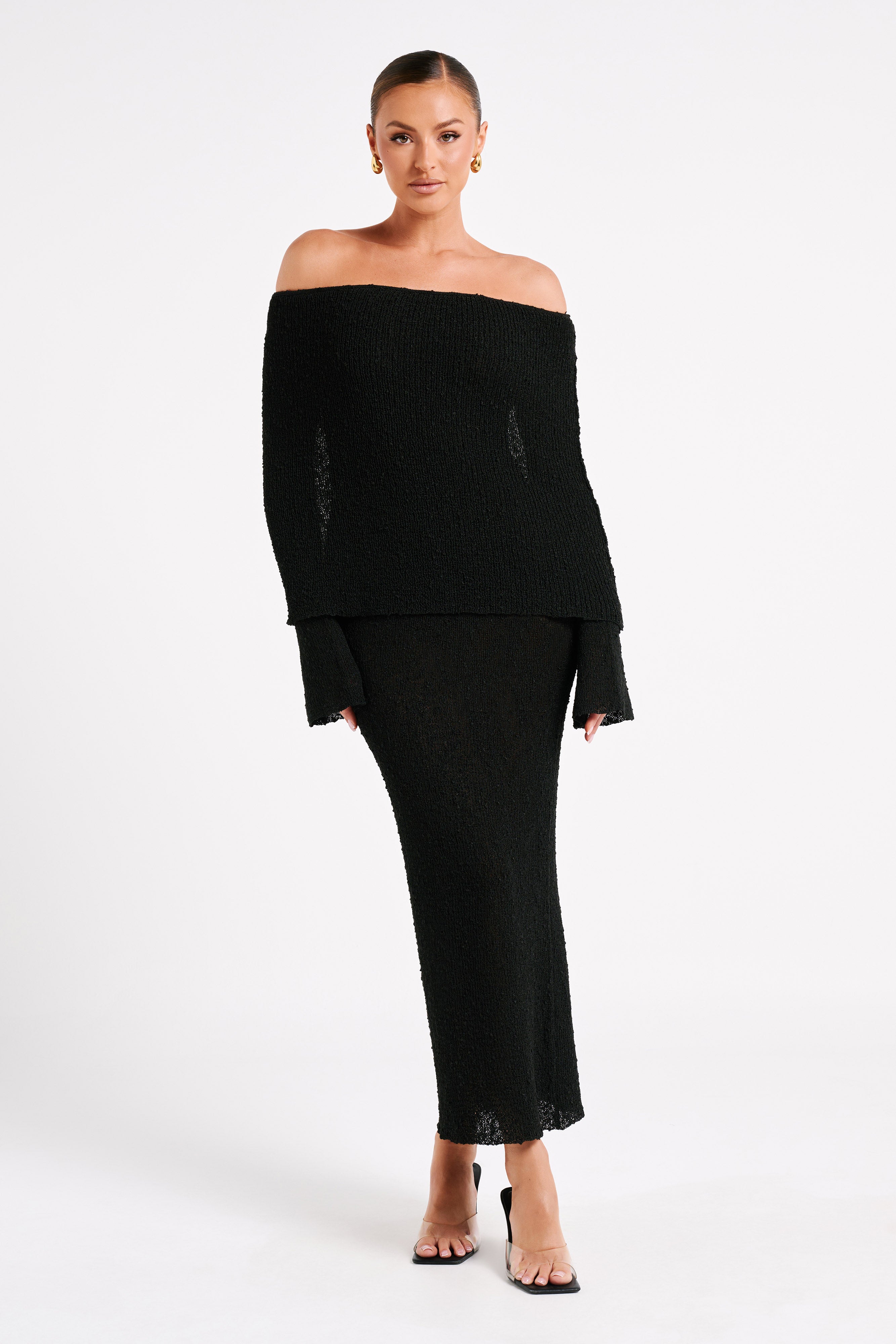 Klaudia | Sukienka maxi bouclé z dekoltem off-shoulder