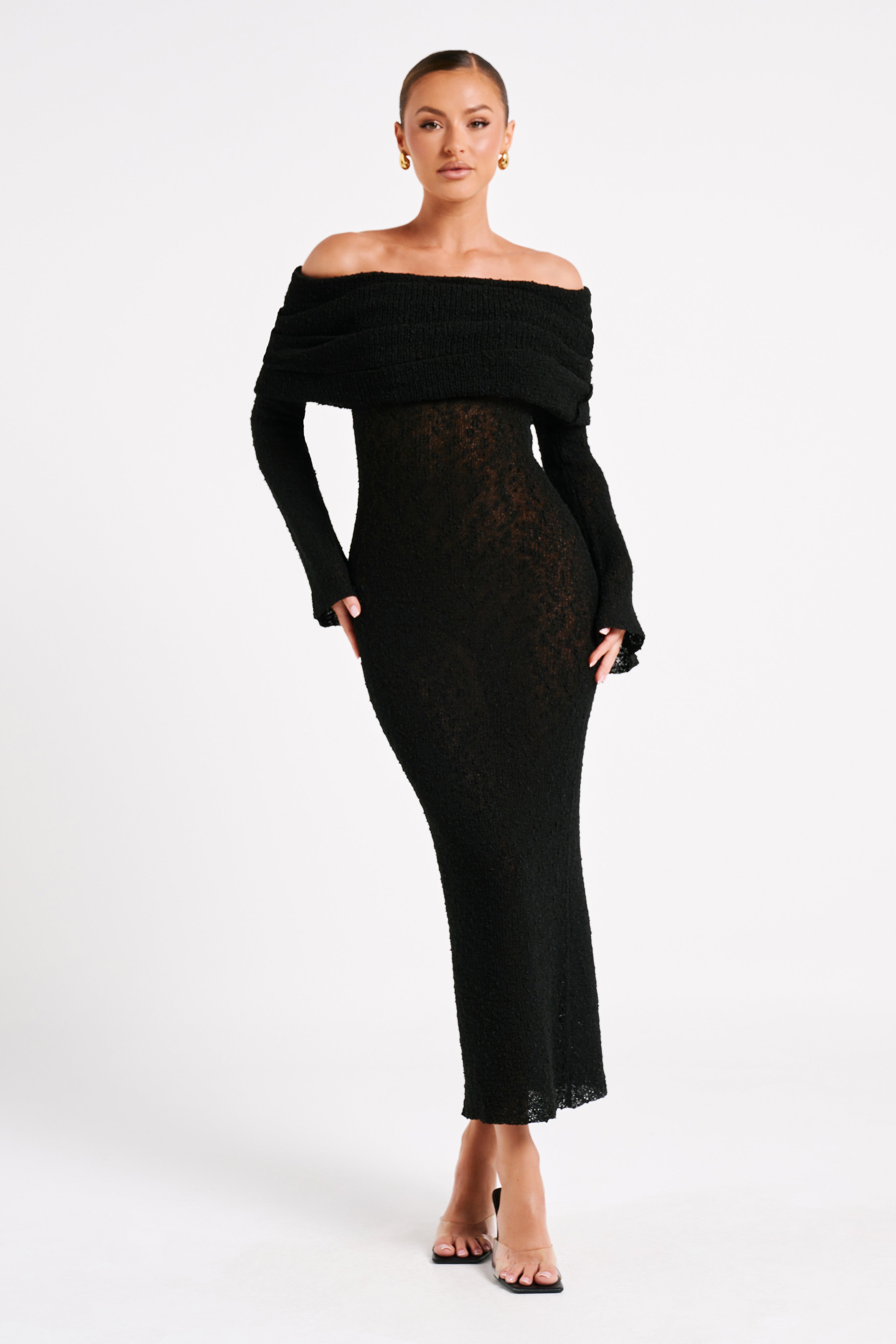 Klaudia | Sukienka maxi bouclé z dekoltem off-shoulder