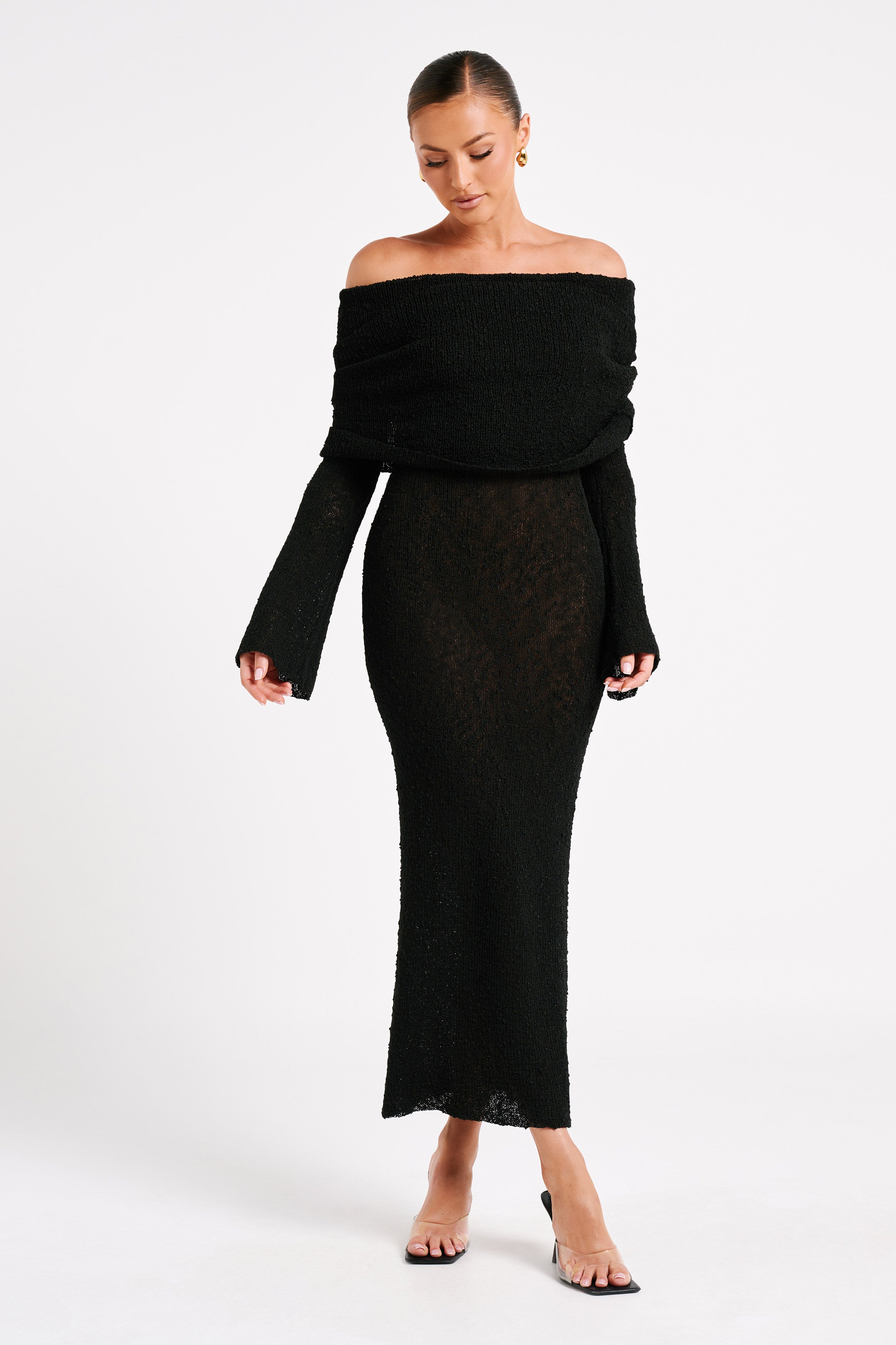 Klaudia | Sukienka maxi bouclé z dekoltem off-shoulder