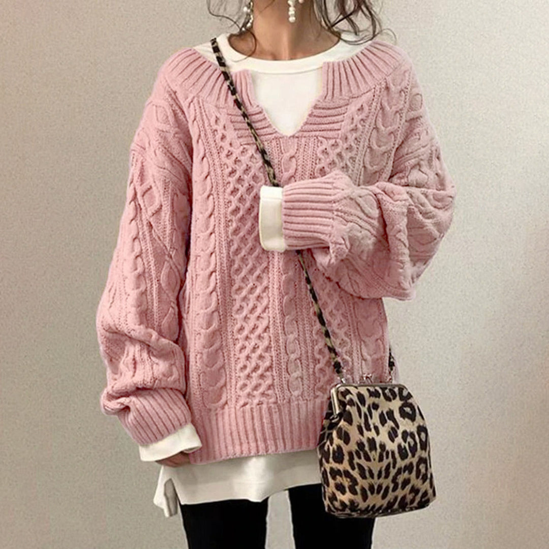 Luźny Sweter Oversize z Dekoltem V – Styl Casual