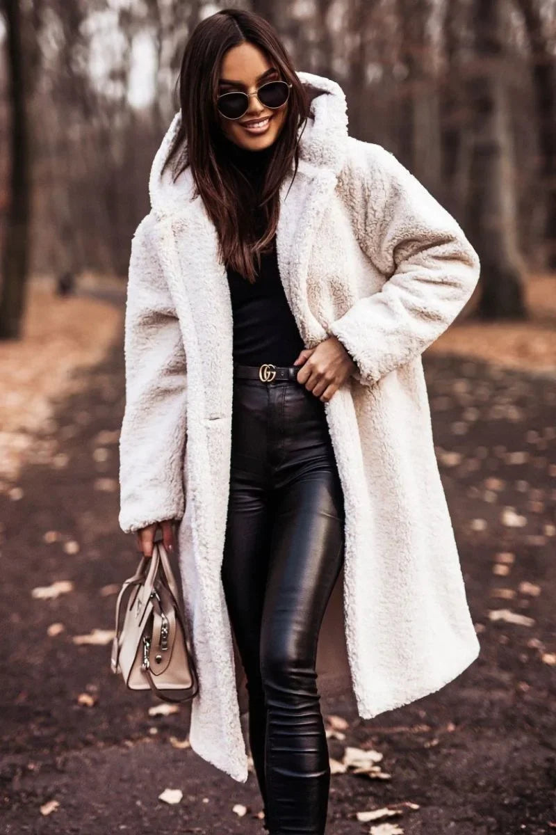 Długi Płaszcz Damski Teddy Ciepły do Codziennych Stylizacji