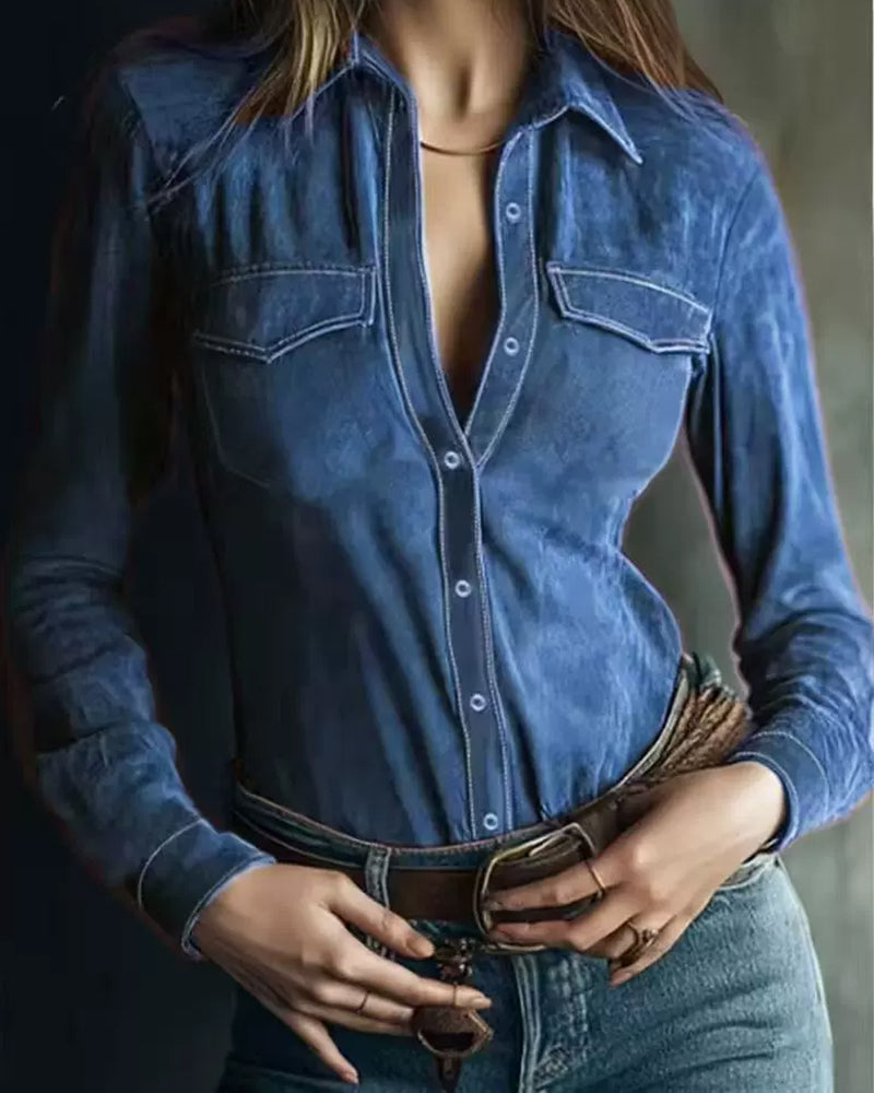 Damska Koszula Jeansowa Vintage z Kieszeniami – Stylowa Koszula Casual