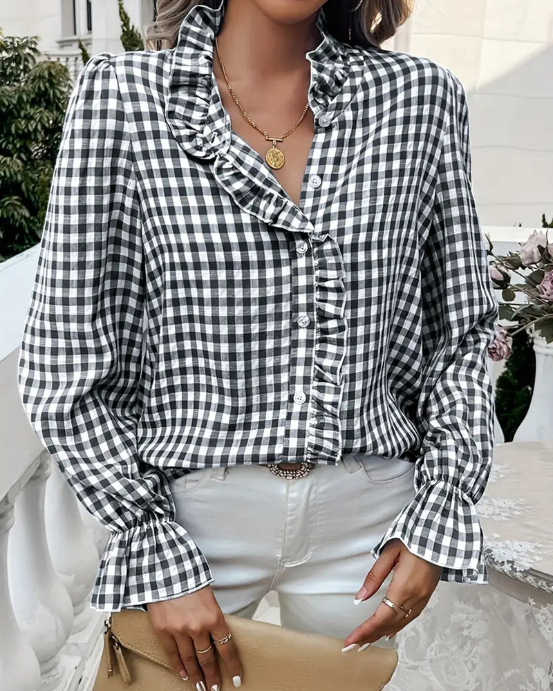 Bluzka Damska w Kratę V Neck Luźny Krój Casual Stylowa