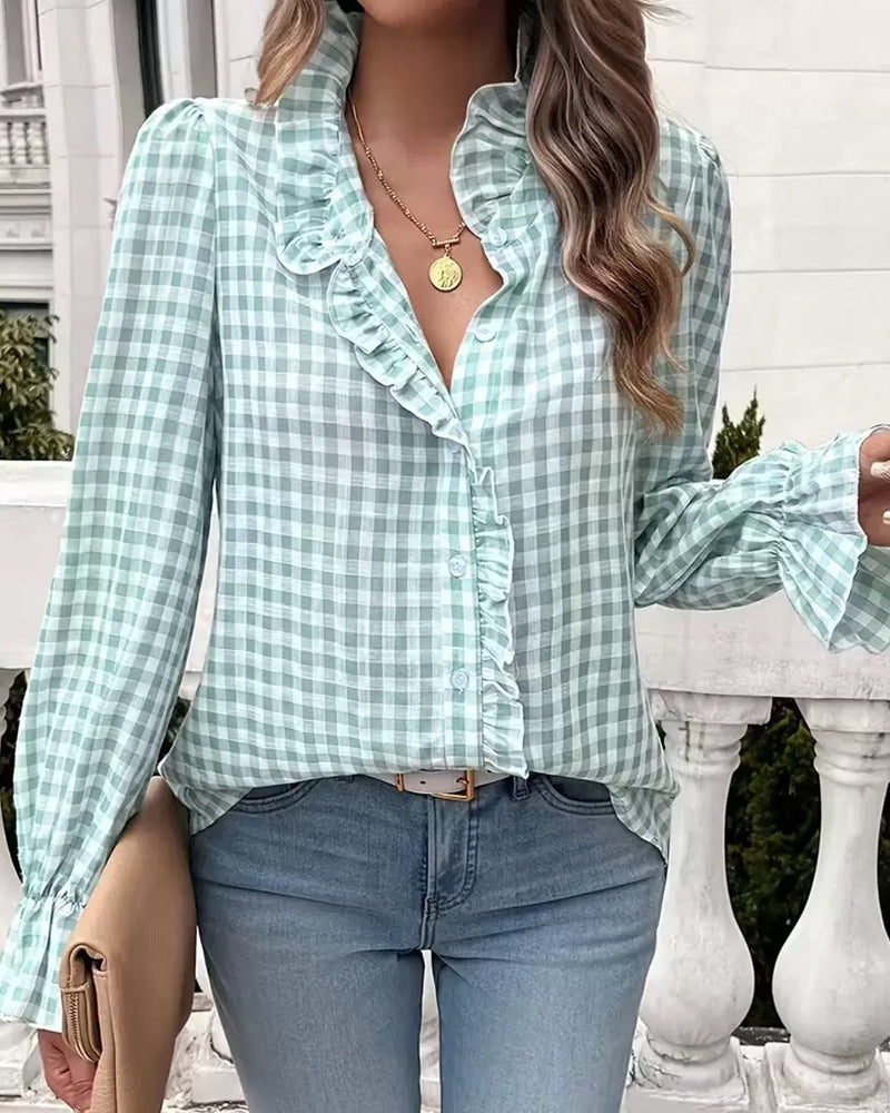 Bluzka Damska w Kratę V Neck Luźny Krój Casual Stylowa