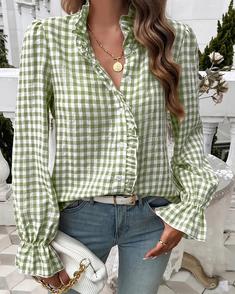 Bluzka Damska w Kratę V Neck Luźny Krój Casual Stylowa