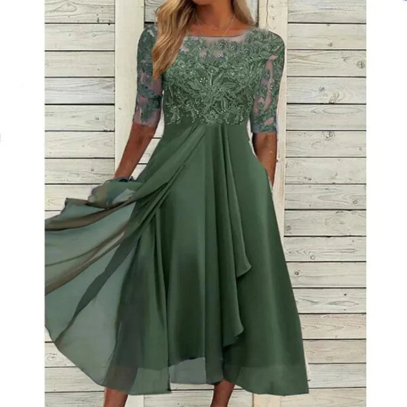 Elegancka Sukienka Midi z Koronkową Górą i Zwiewną Spódnicą