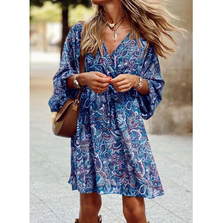 Hélène | Krótka sukienka boho z luźnym krojem i długimi rękawami