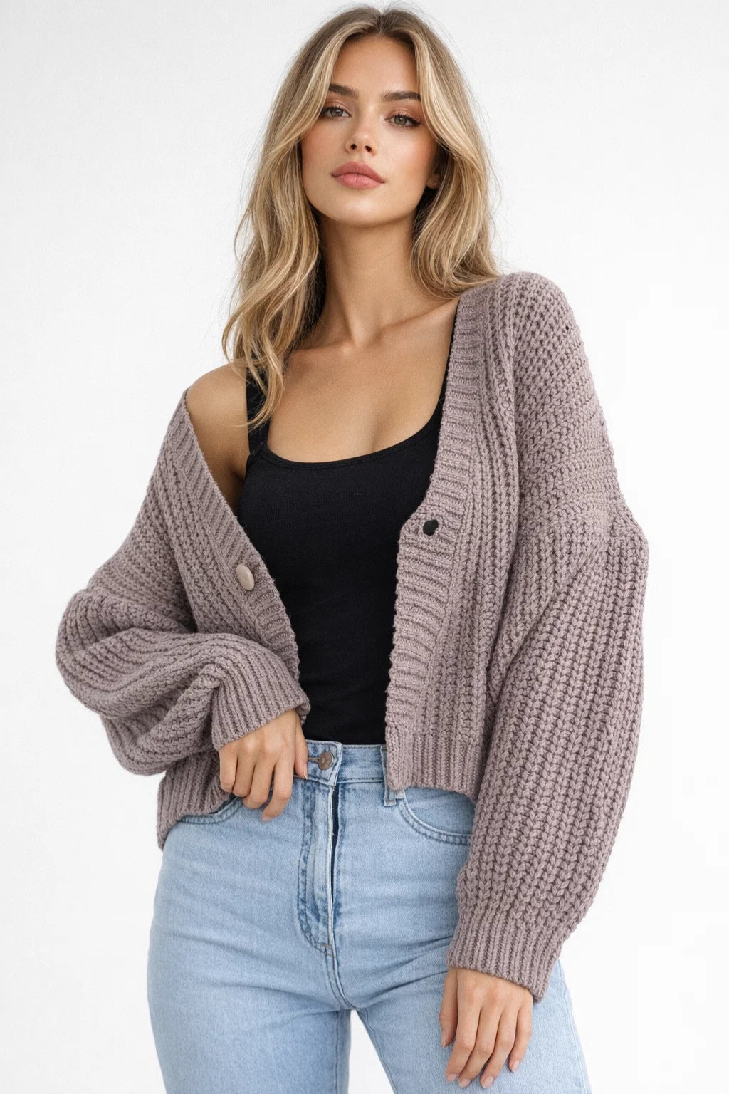 Damski Oversize Sweter Dzianinowy V Neck Miękki Casual