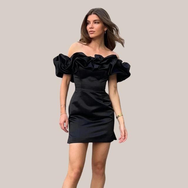 Elviera | Elegancka sukienka koktajlowa bez ramiączek z falbanami