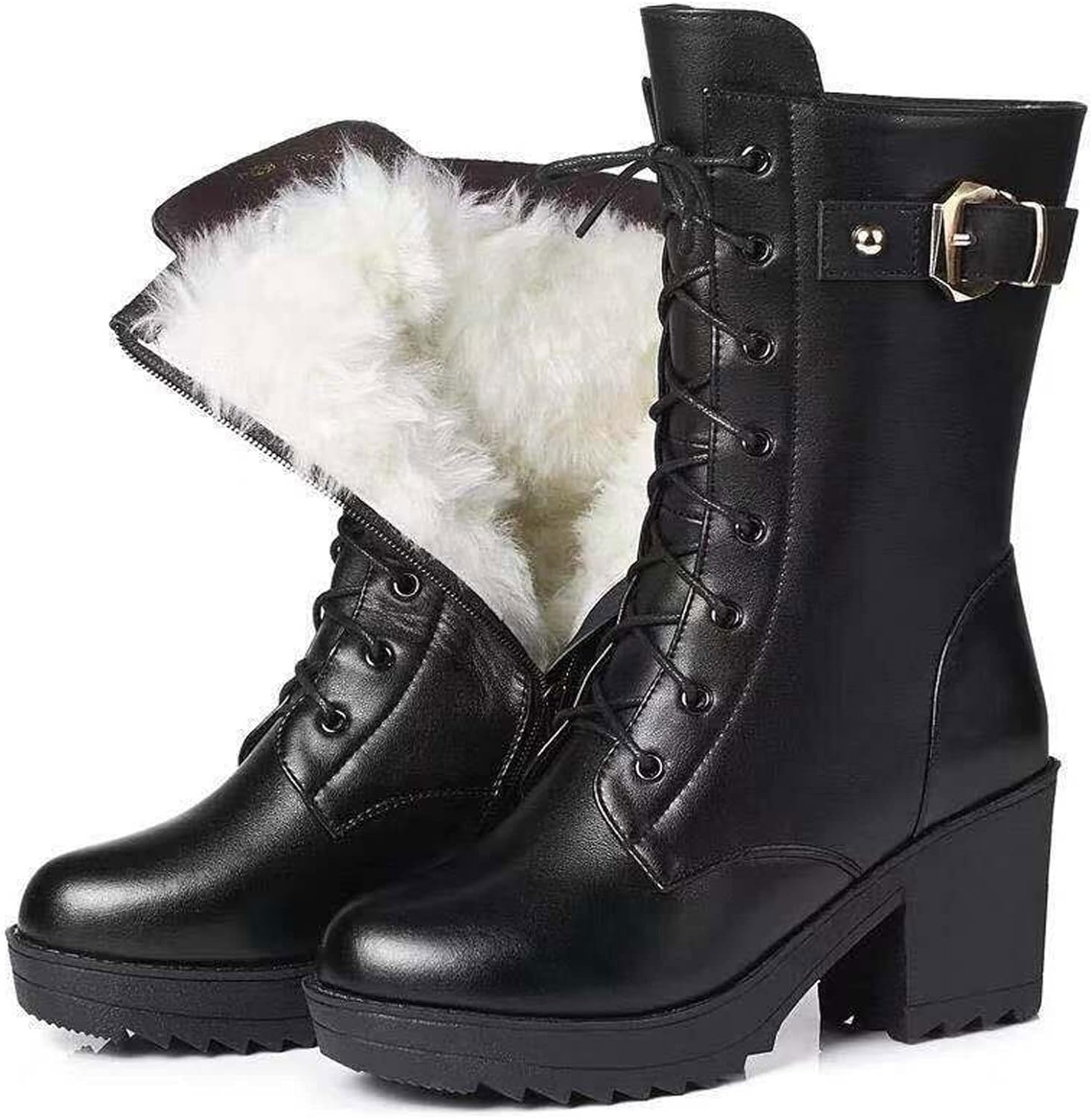 Ocieplane Botki Damskie na Obcasie z Wywijaną Cholewką