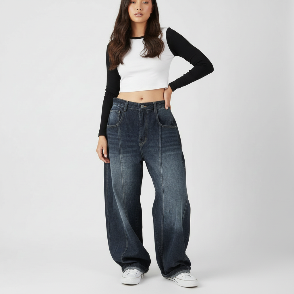 Damskie Jeansy Baggy Szerokie Nogawki Niski Stan Styl Streetwear