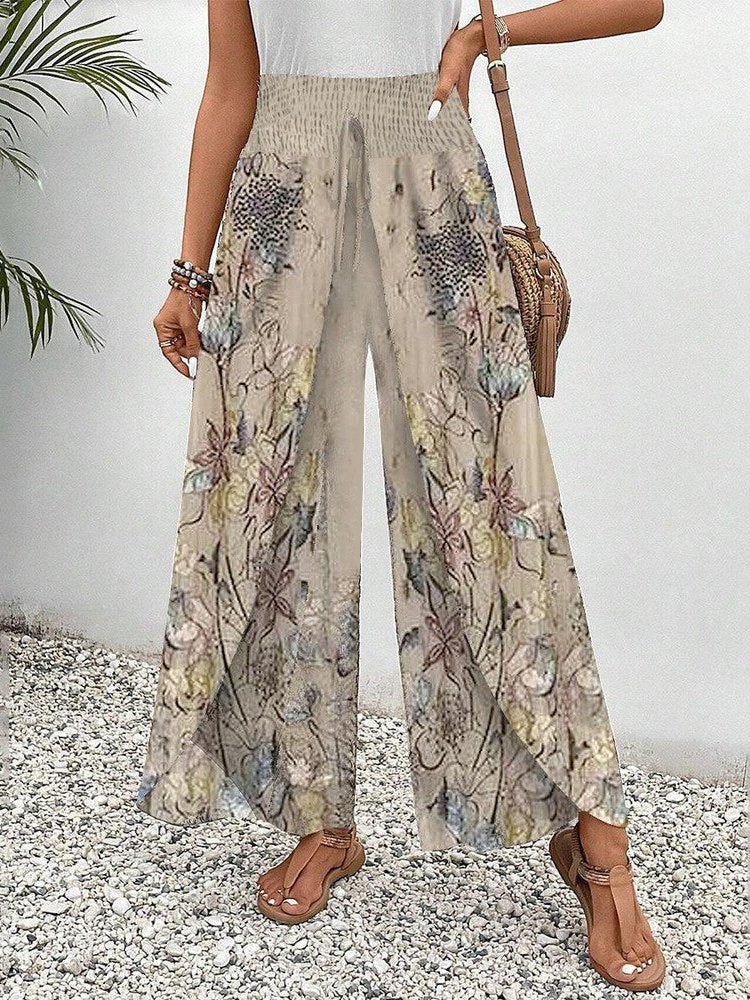 Szerokie Spodnie Damskie w Kwiatowy Wzór Lekki Styl Boho