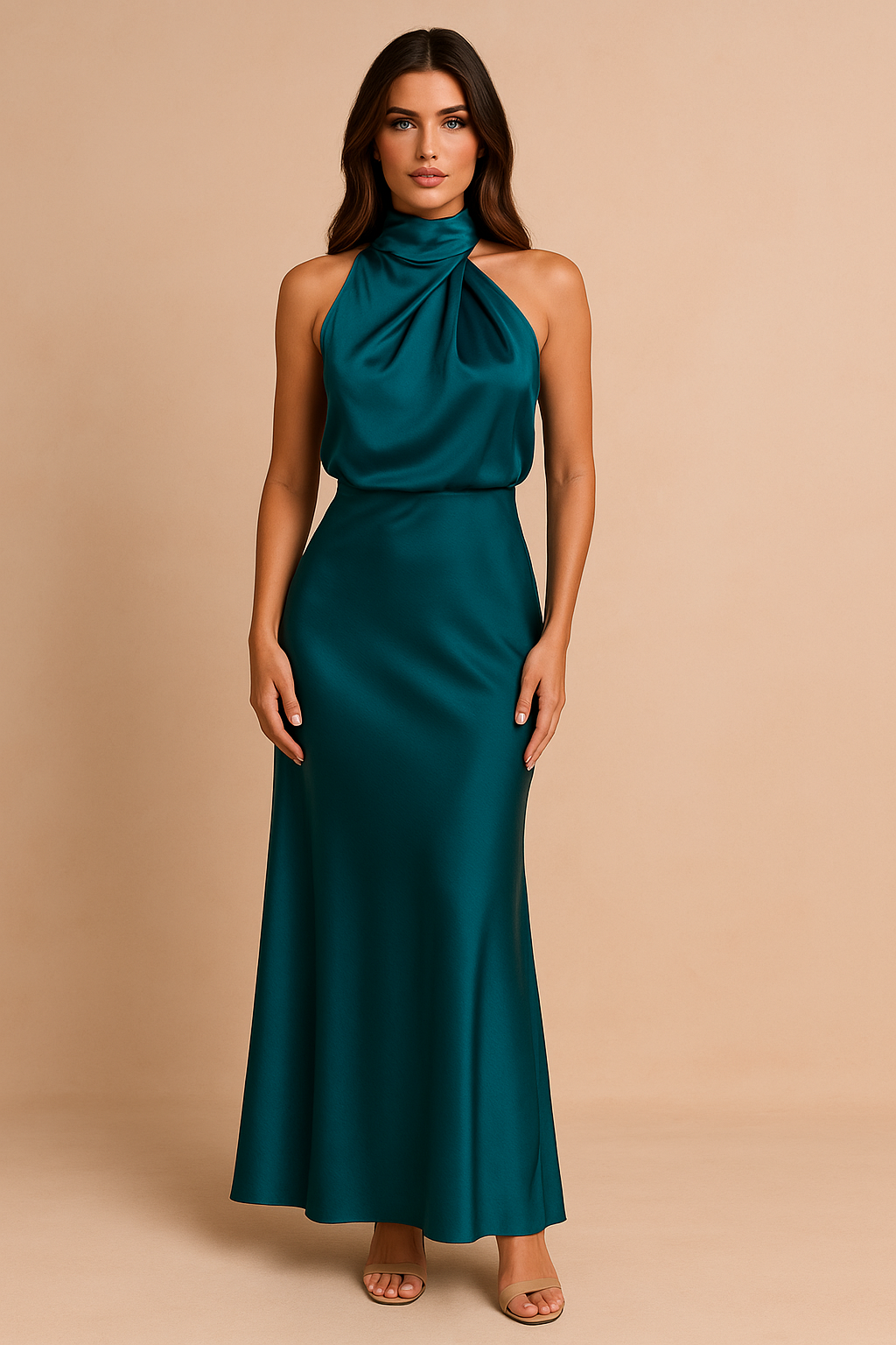 Elegancka sukienka maxi halter dopasowana stylowa wieczorowa