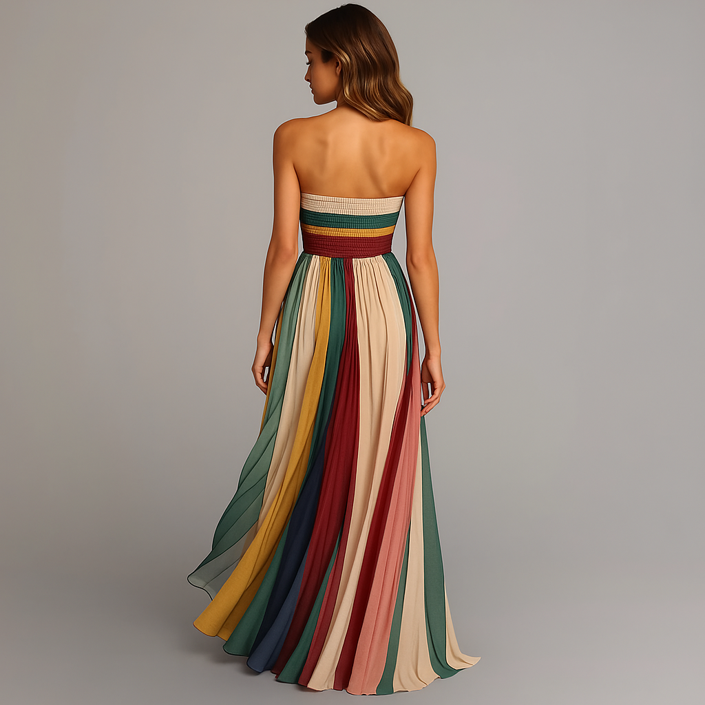 Megan | Plisowana Maxi Sukienka Bez Ramiączek w Stylu Colorblock