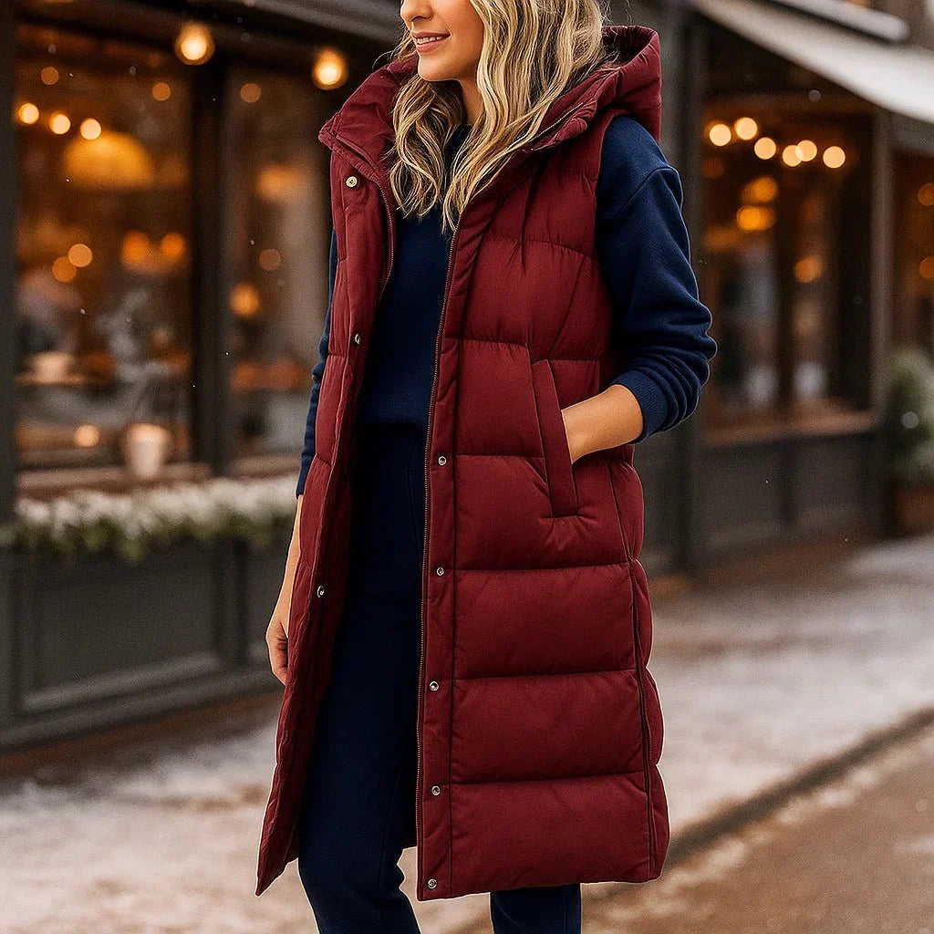 Damska Długa Kamizelka Puchowa z Kapturem Oversize