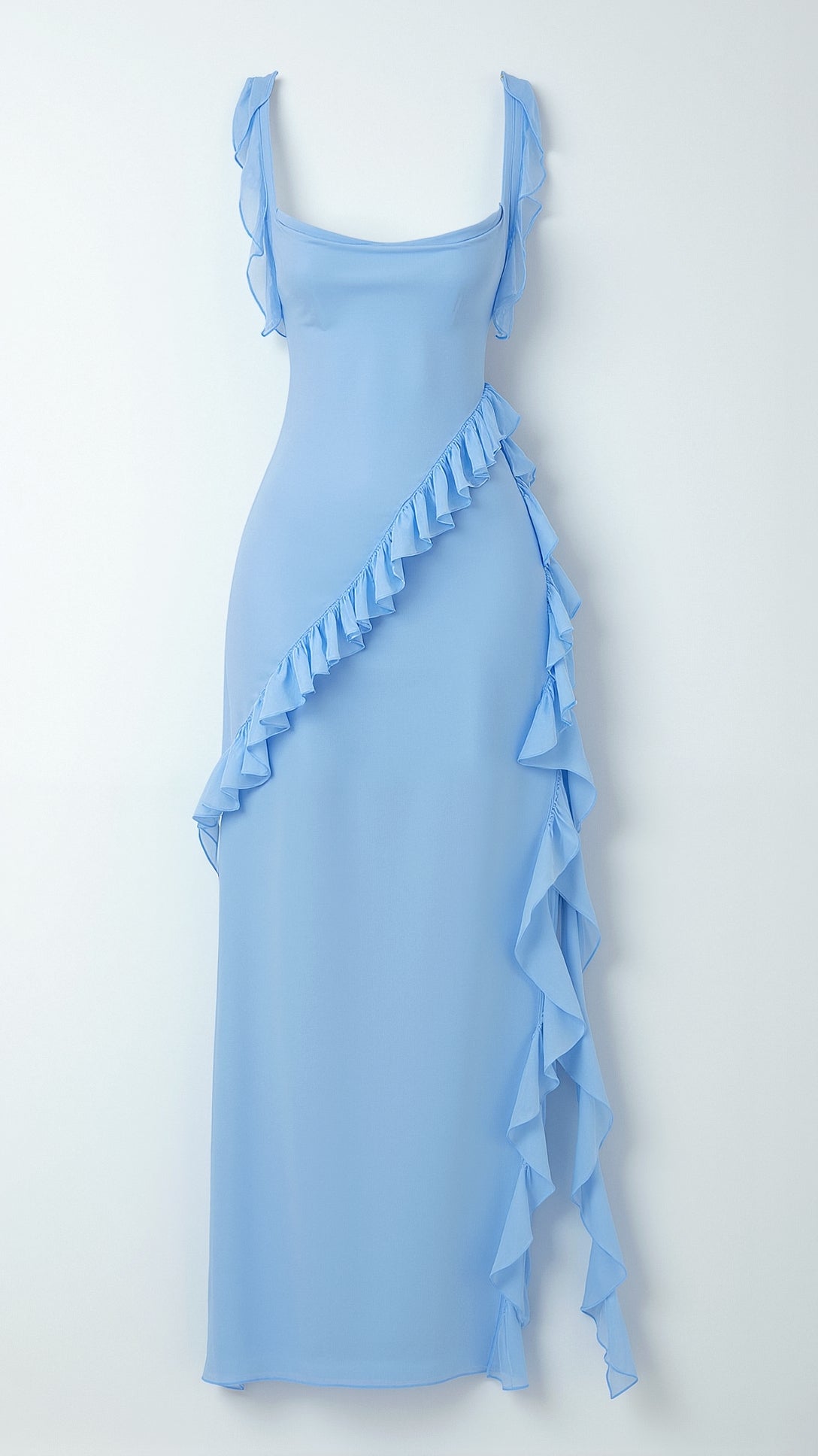 Sukienka Maxi z Rozcięciem Falbany na Ramiączkach Elegancki Styl