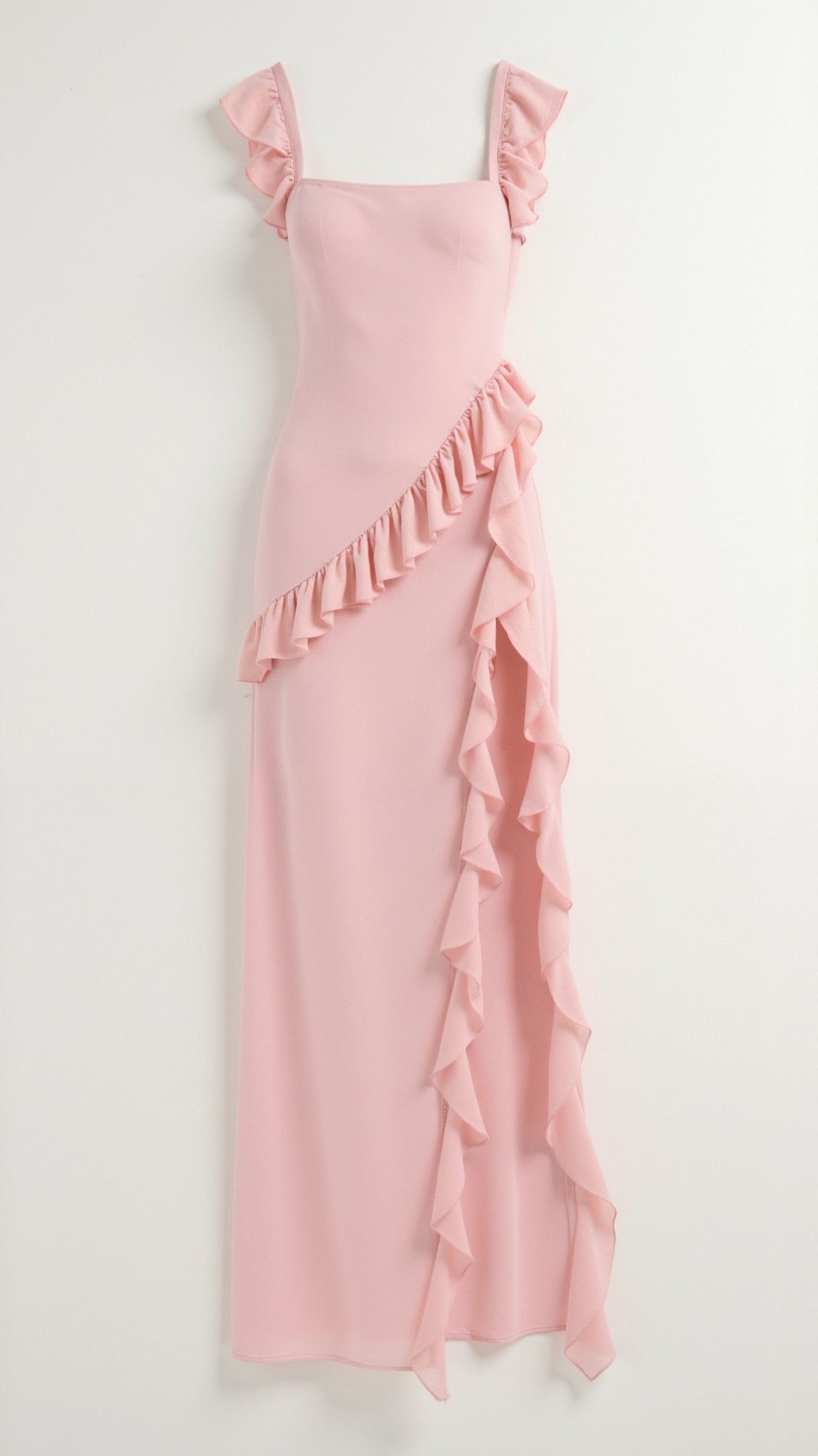 Sukienka Maxi z Rozcięciem Falbany na Ramiączkach Elegancki Styl